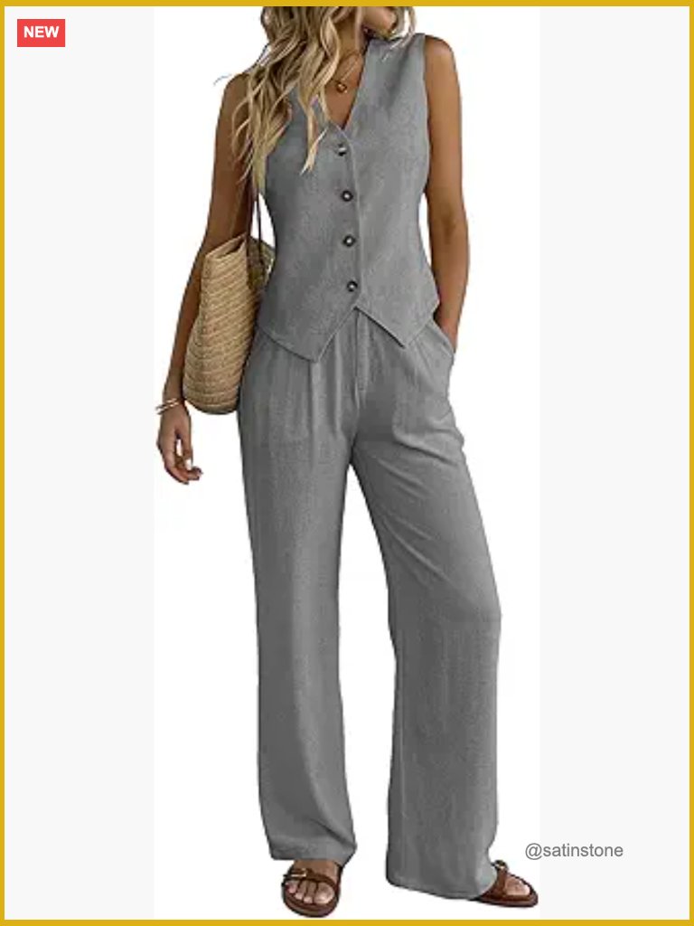 Linen Blend 2 Piece Outfits Vest Waistcoat Wide Leg Pants Suit Sets